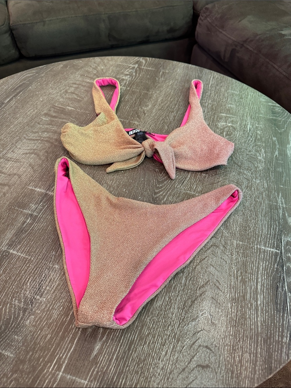 Beach Riot Metallic Taupe Bandeau Bikini with Hot Pink Lining
